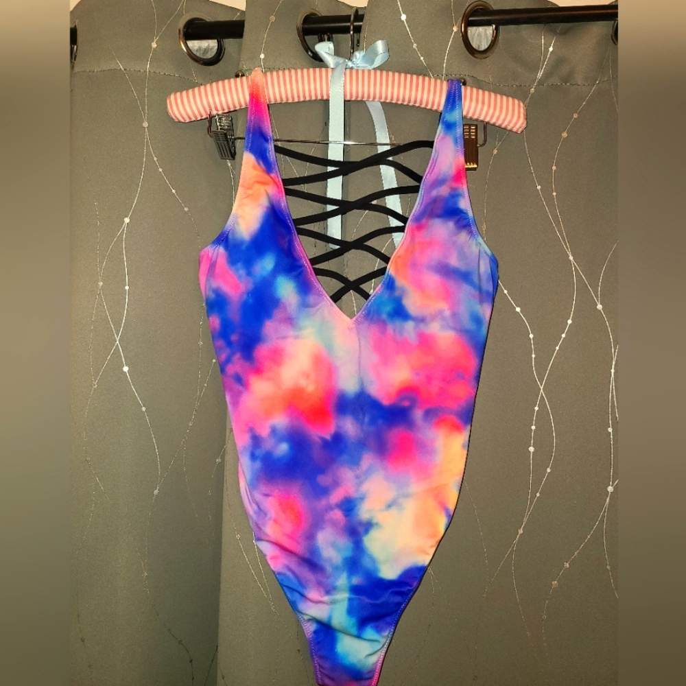 PINK Victoria's Secret Tie Dye Watercolor Criscross Swimsuit - MED